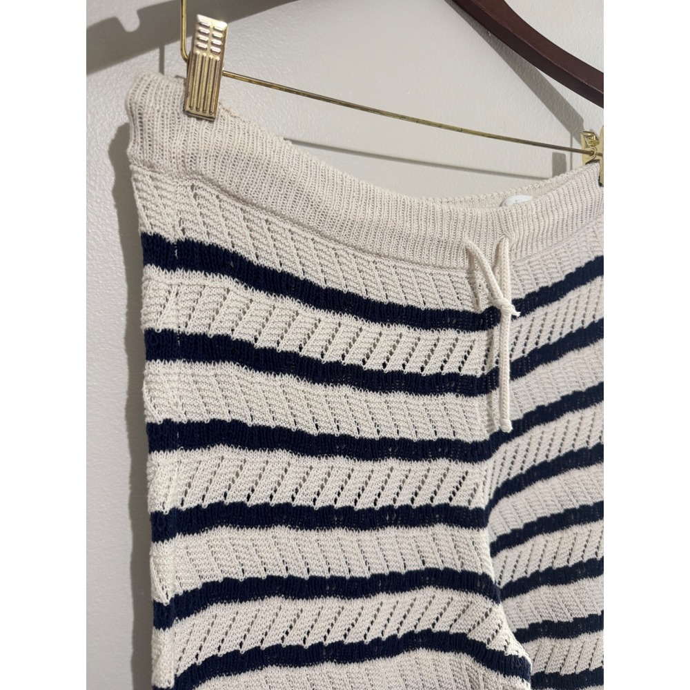 Aerie Women's Navy Blue Striped Knit Wide Leg Pants Drawstring Beach Resort Wear - Picture 2 of 11